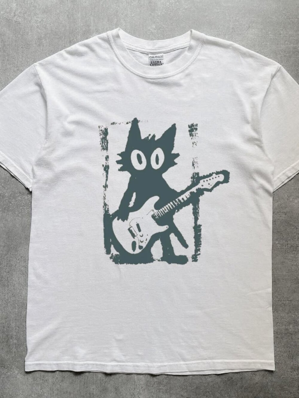 Cat Playing Electric Guitar Linocut Graphic Tee
